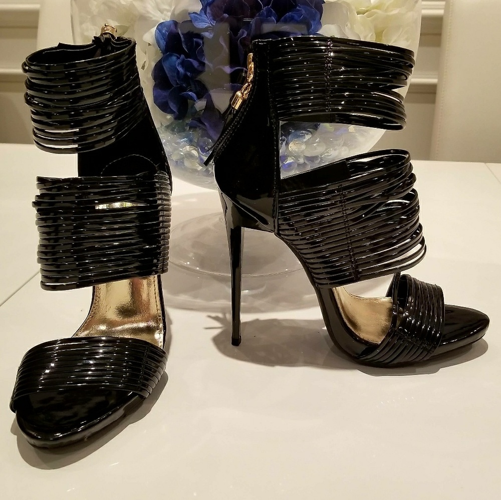 Black patent leather high heeled sandal